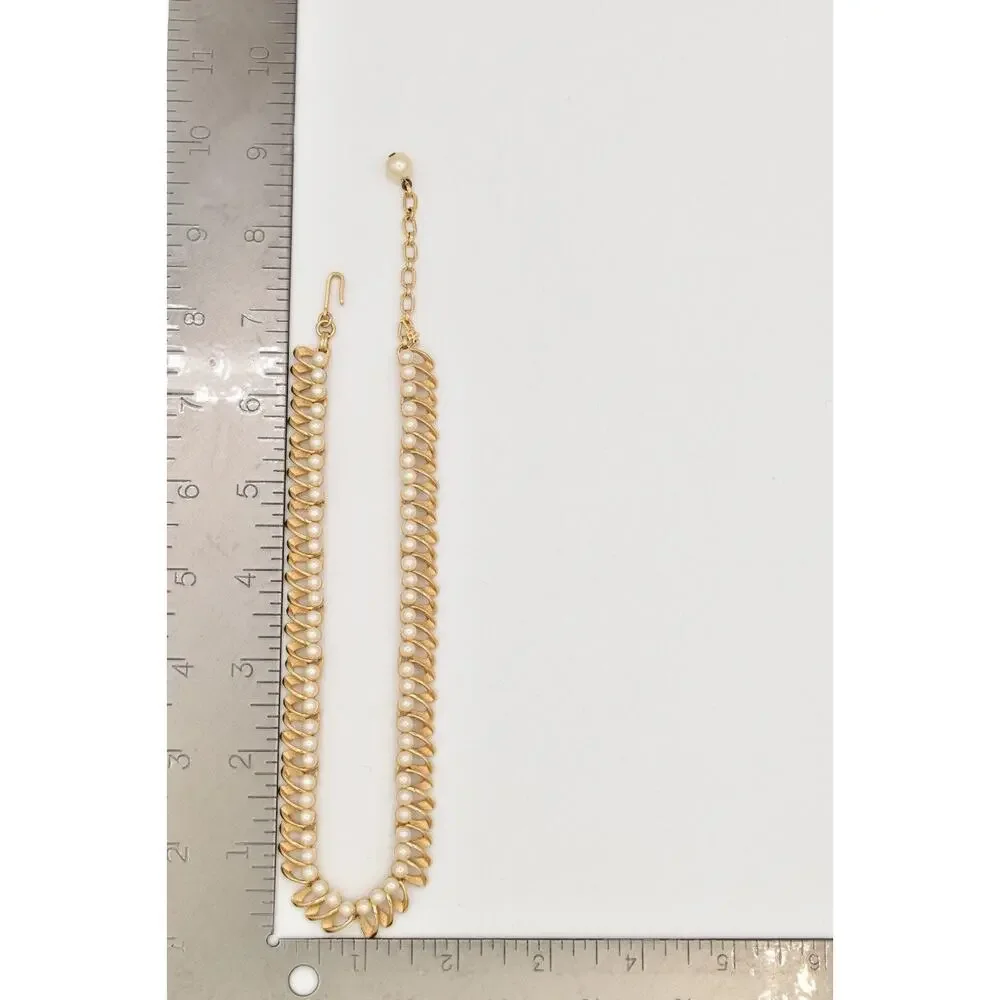 Crown Trifari Vintage Choker Necklace Pearl Brushed Gold Signed 50s 1940s BinBL